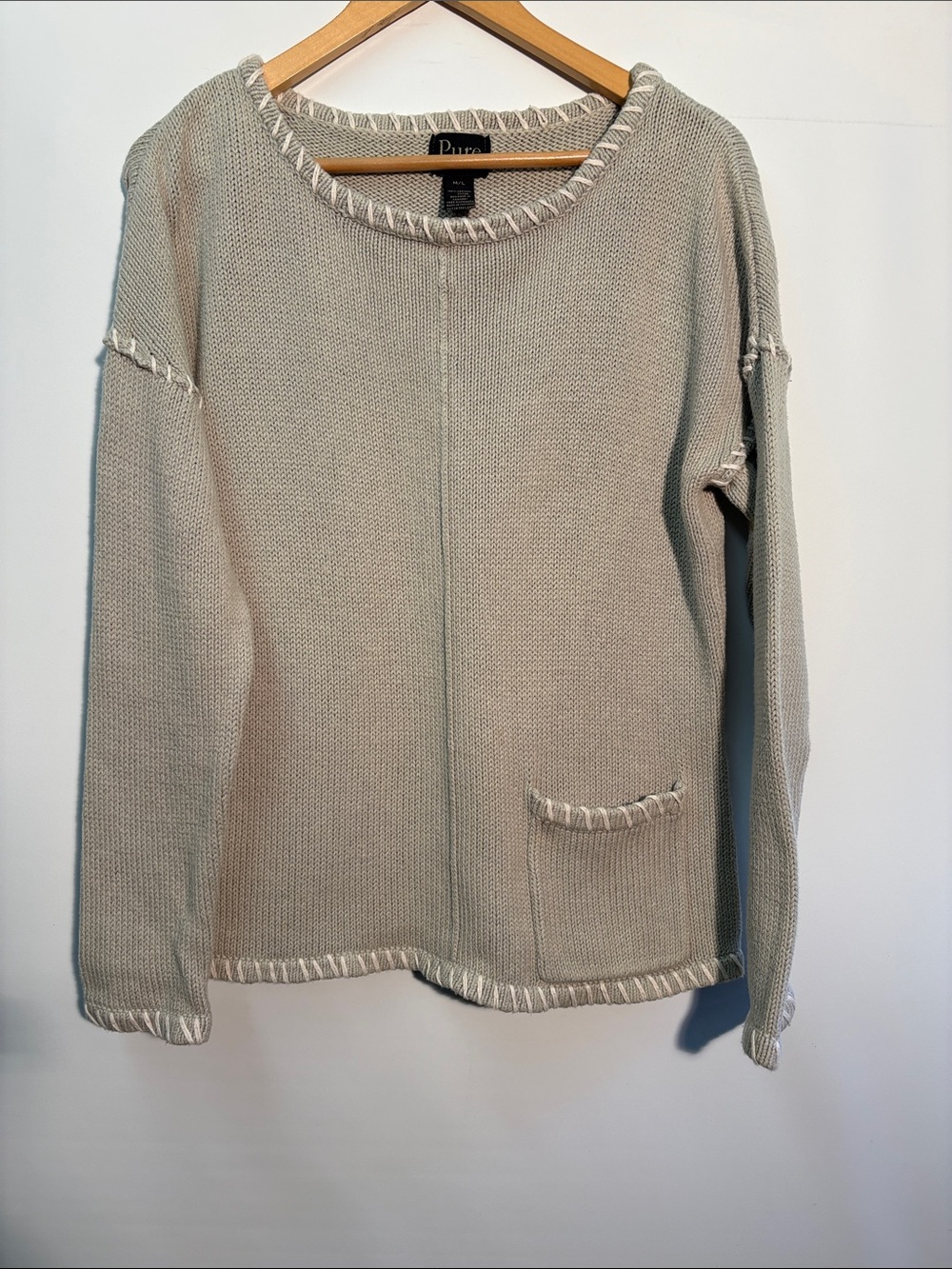 Light Gray/ Oatmeal Crewneck Sweater with Whipstitch Trim
